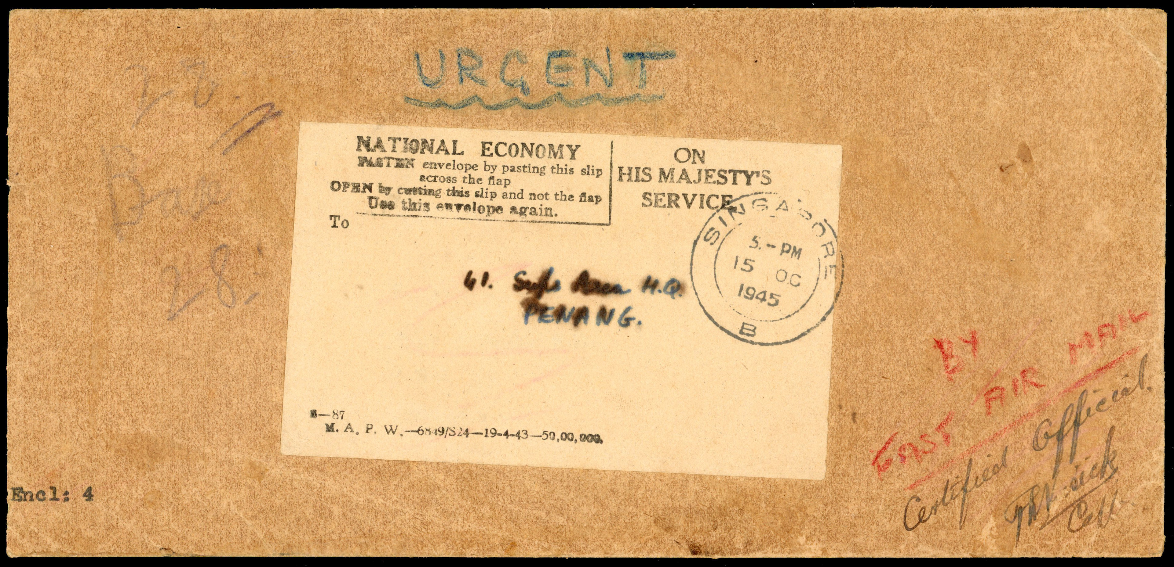 Singapore 1945 OHMS Official AIRMAIL  cover to Penang