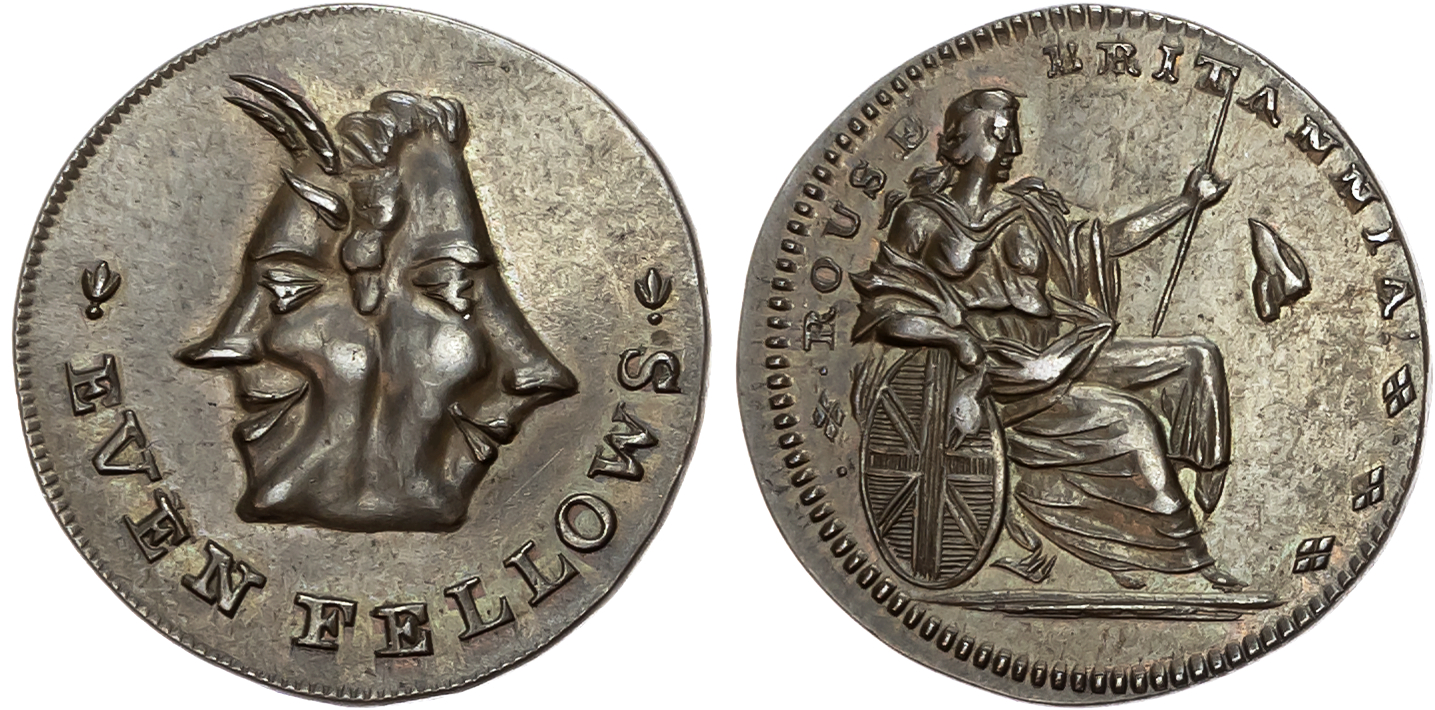 London , Holborn , Thomas Spence Farthing undated, Janiform heads of prime-minister Pitt (one leering satanically, one s …