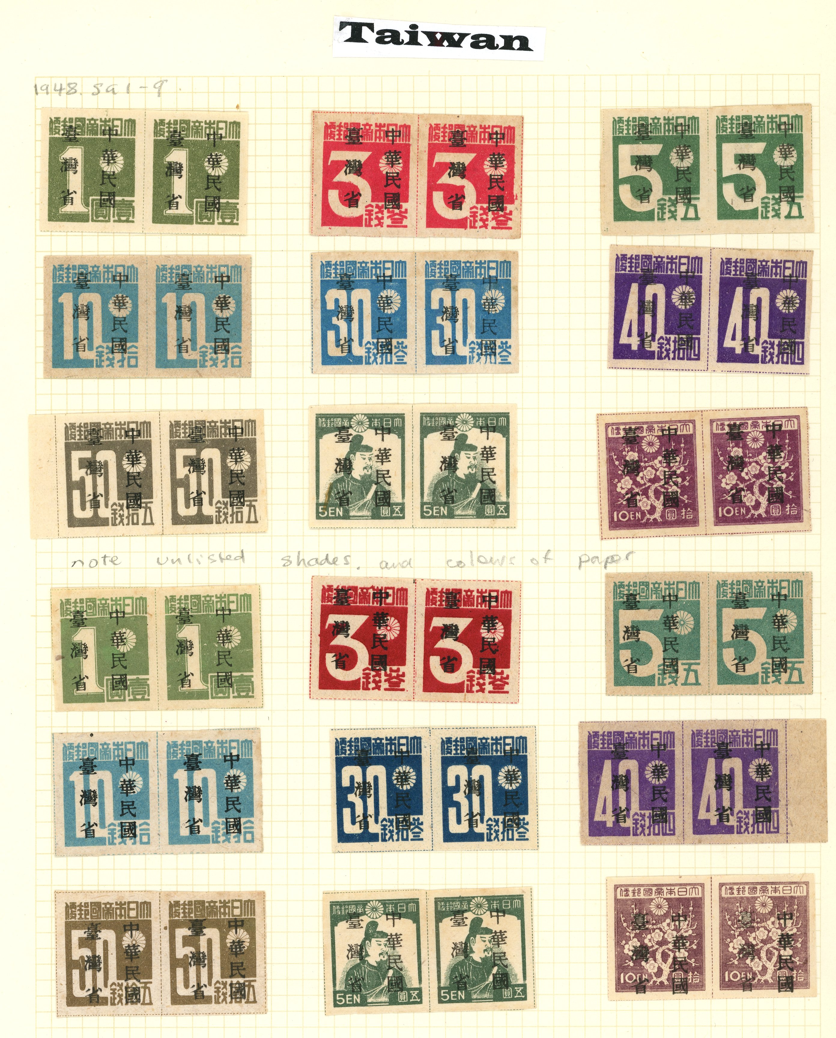 CHINESE PROVINCE: 1948, SG1-93s to 10y, set of nine, four sets in imperf pairs, unused