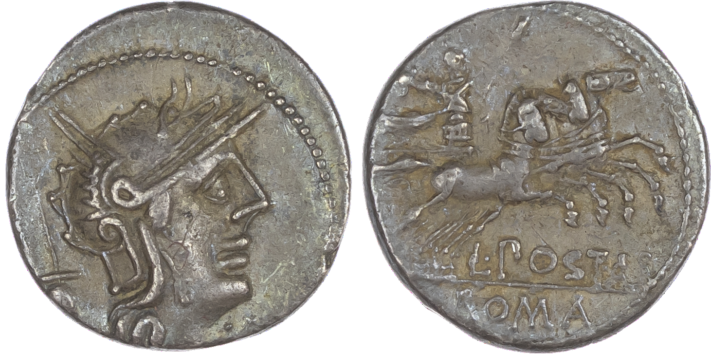 L. Postumius Albinus (131 BC) AR Denarius, Rome, 3.78g. Helmeted head of Roma facing right, apex behind, mark of value to