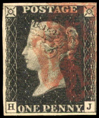 GB: 1840 1d black, Plate 8, (HJ) four margins, red MC SG 2