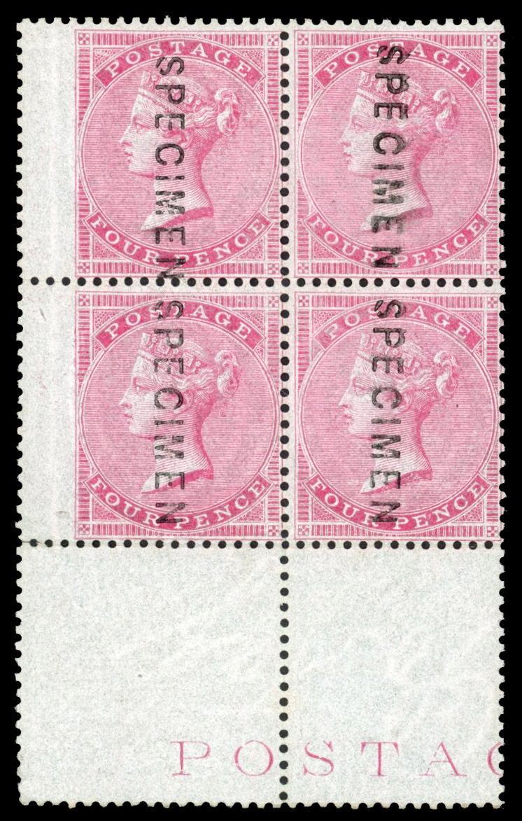 GB 1855-57 4d carmine on thick blued, highly glazed paper optd 'SPECIMEN' Type 2, SG 63s