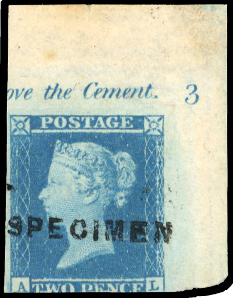 1841 2d Blue Pl.3. Corner plate number example 'SPECIMEN' type...
