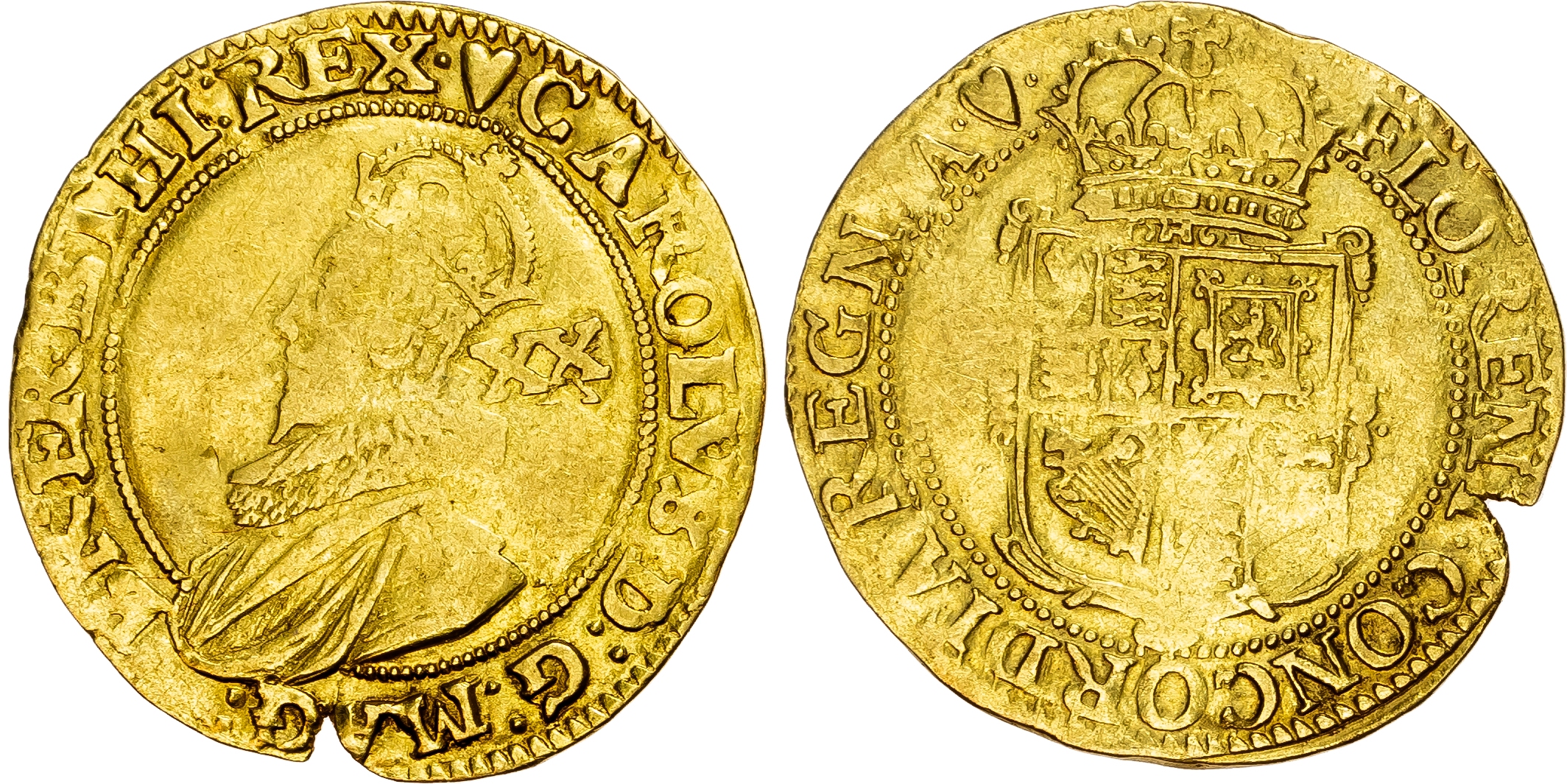 Charles I (1625-1649) Unite of twenty shillings, Tower mint under the King, Group B, mintmark heart (1629‑30). 