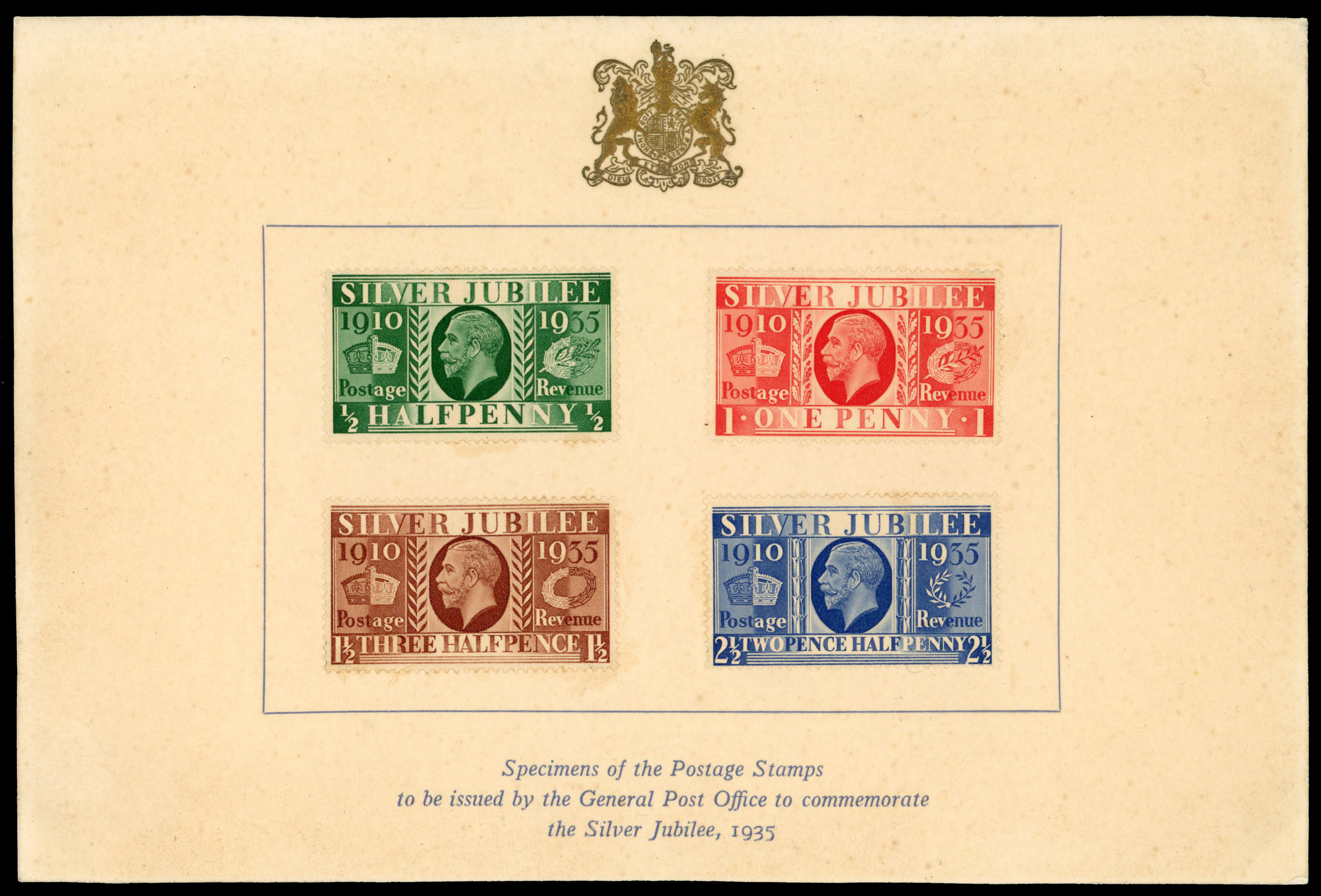 1935 ½d-2½d Silver Jubilee. Postmaster General presentation card with a set of four affixed,
