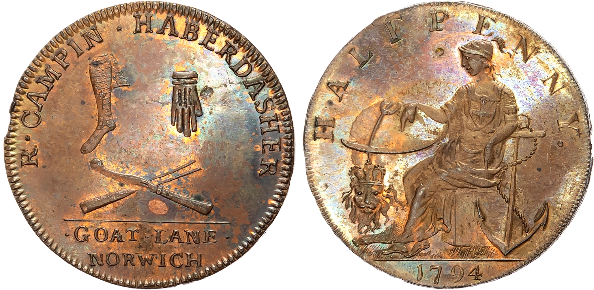 Norf. Norwich , Robert Campin (haberdasher) Halfpenny 1794, Stocking, glove, knife and fork, rev . Britannia in the form …