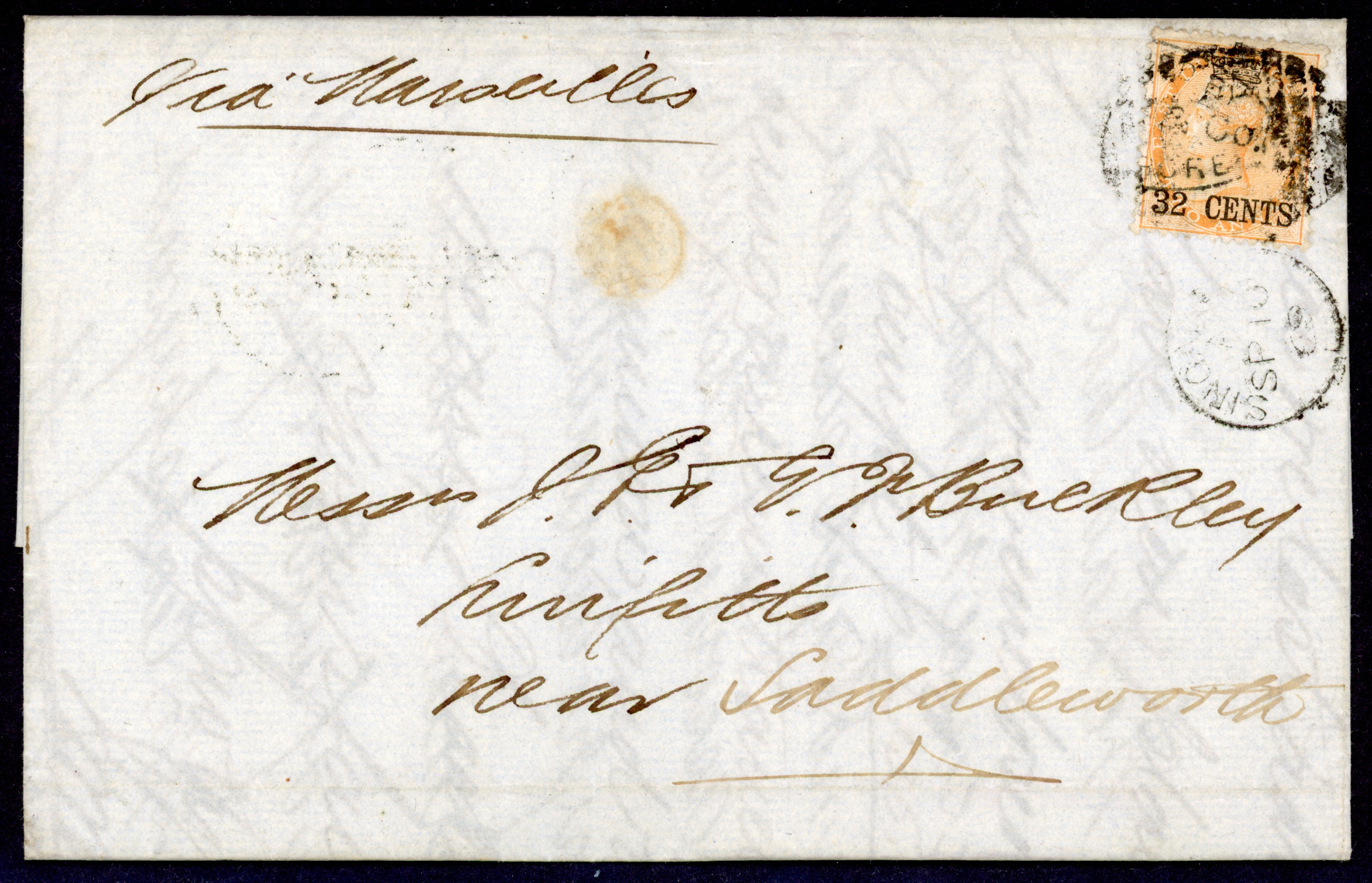 Straits Settlements SG 9 1869 entire from Singapore to England with 1867 32c on 2a