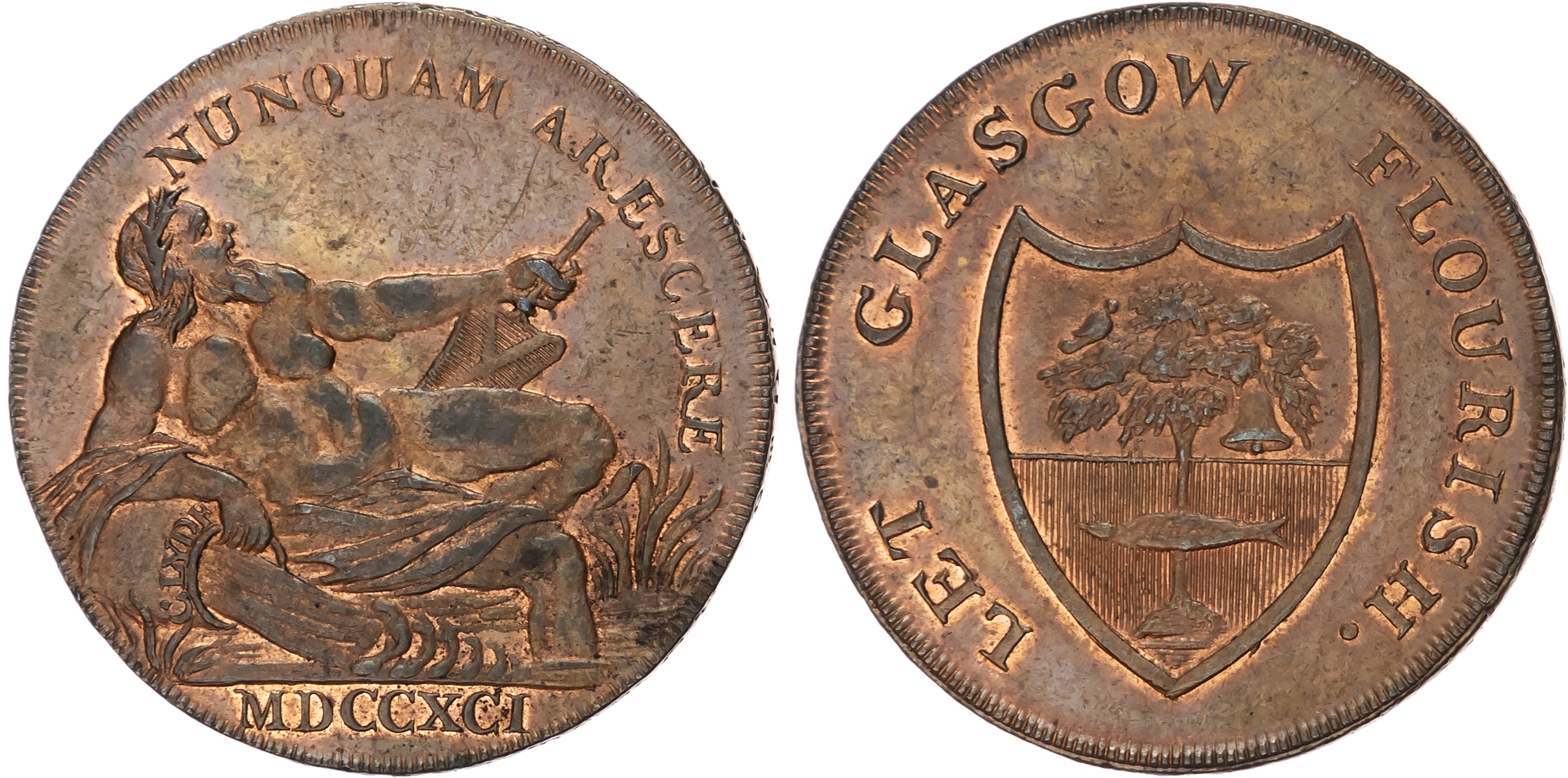 Lanarks. Glasgow , Gilbert Shearer & Co., Boulton’s Halfpenny 1791, Arms of the City of Glasgow, rev. personif…