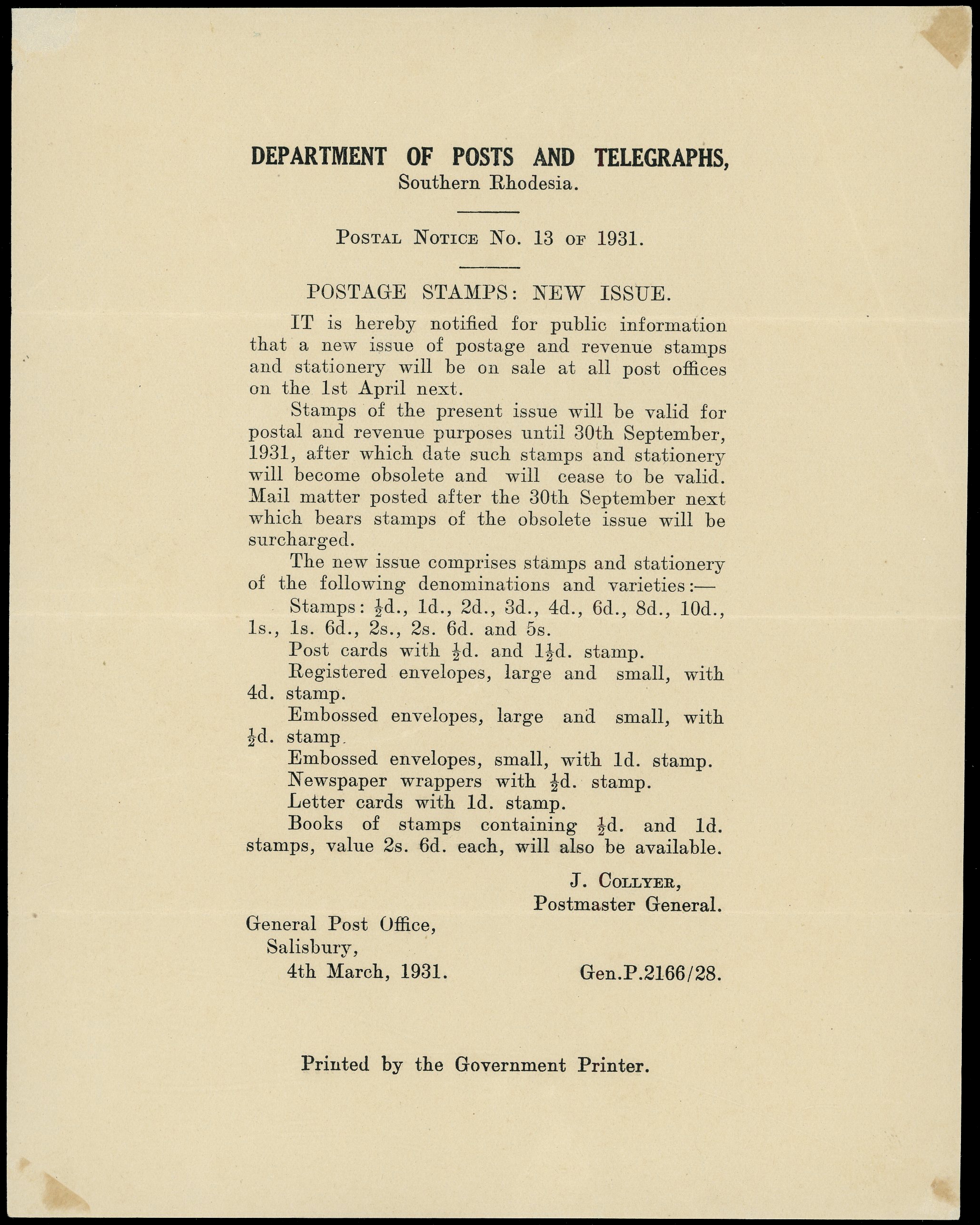 Southern Rhodesia printed postal notices x 3