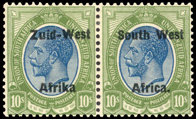 SWA South West Africa 10s blue and olive-green, setting II variety 'Afrika WITHOUT STOP' S.G. 14a