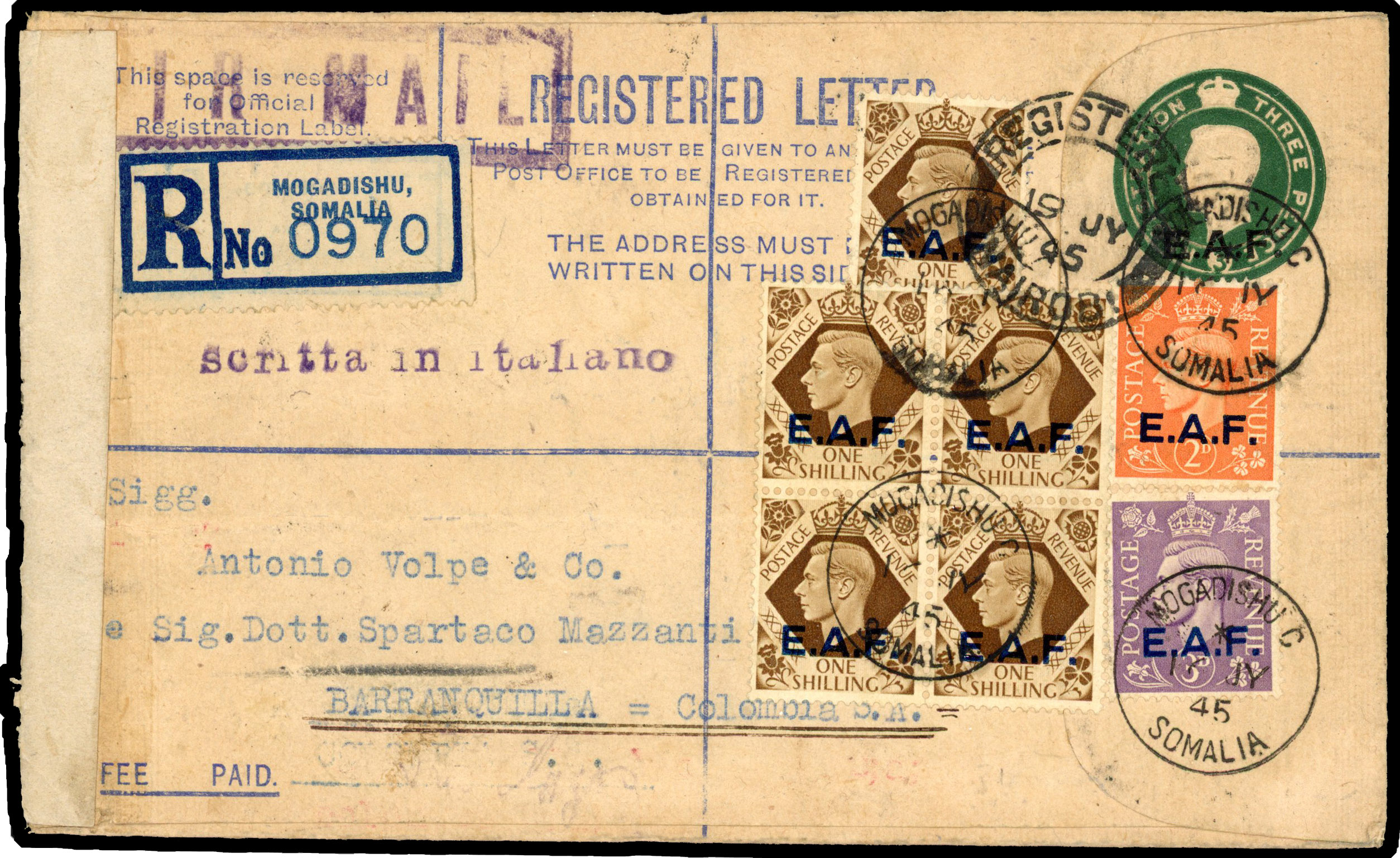 BOIC Somalia registered envelope used to Colombia
