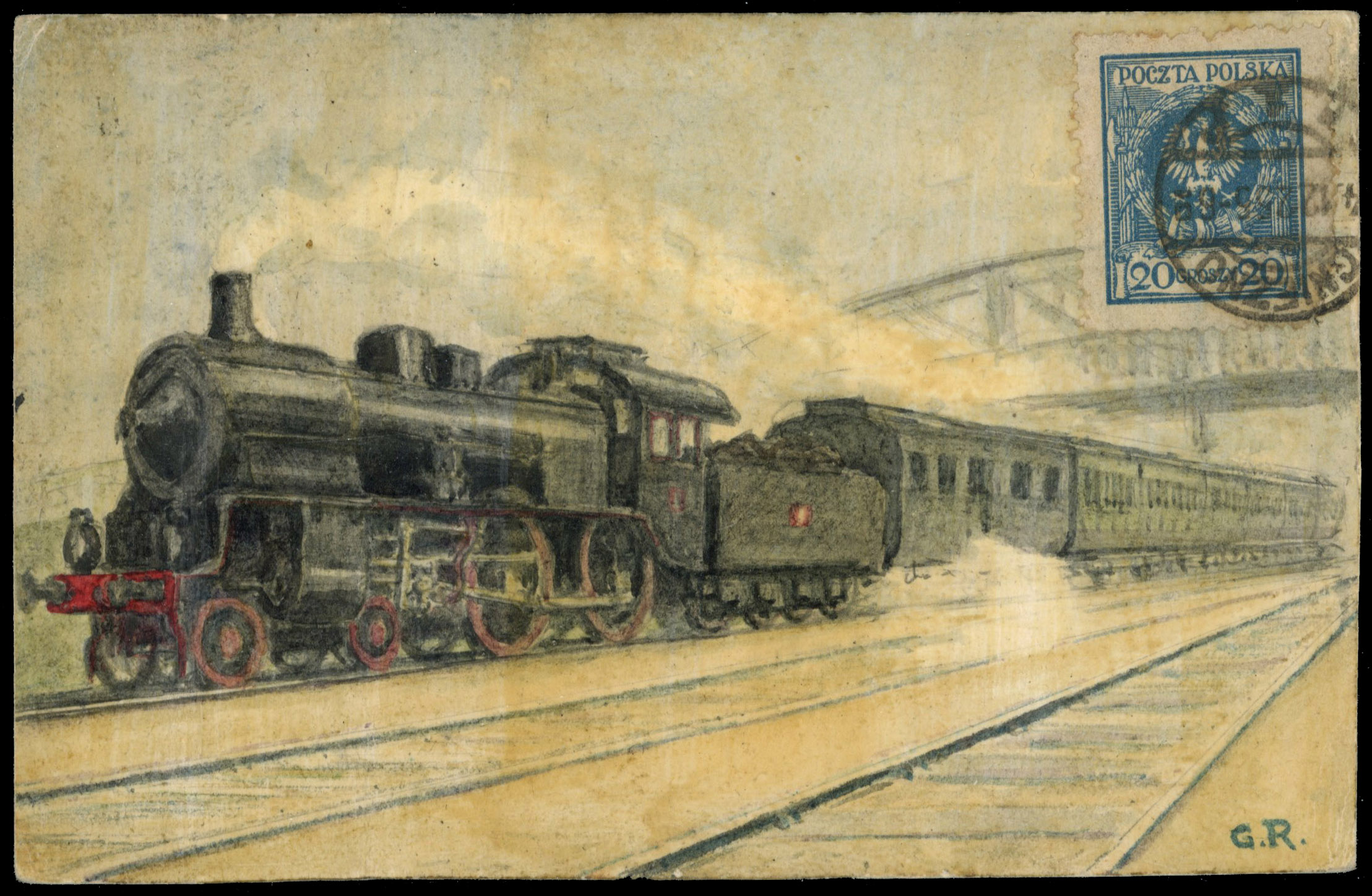Poland 1925-27 trio of hand-illustrated postcards of Steam Locomotives 