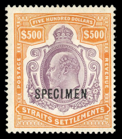 Straits Settlements 1906-12 $500 purple and orange, optd ‘SPECIMEN’, SG 169s