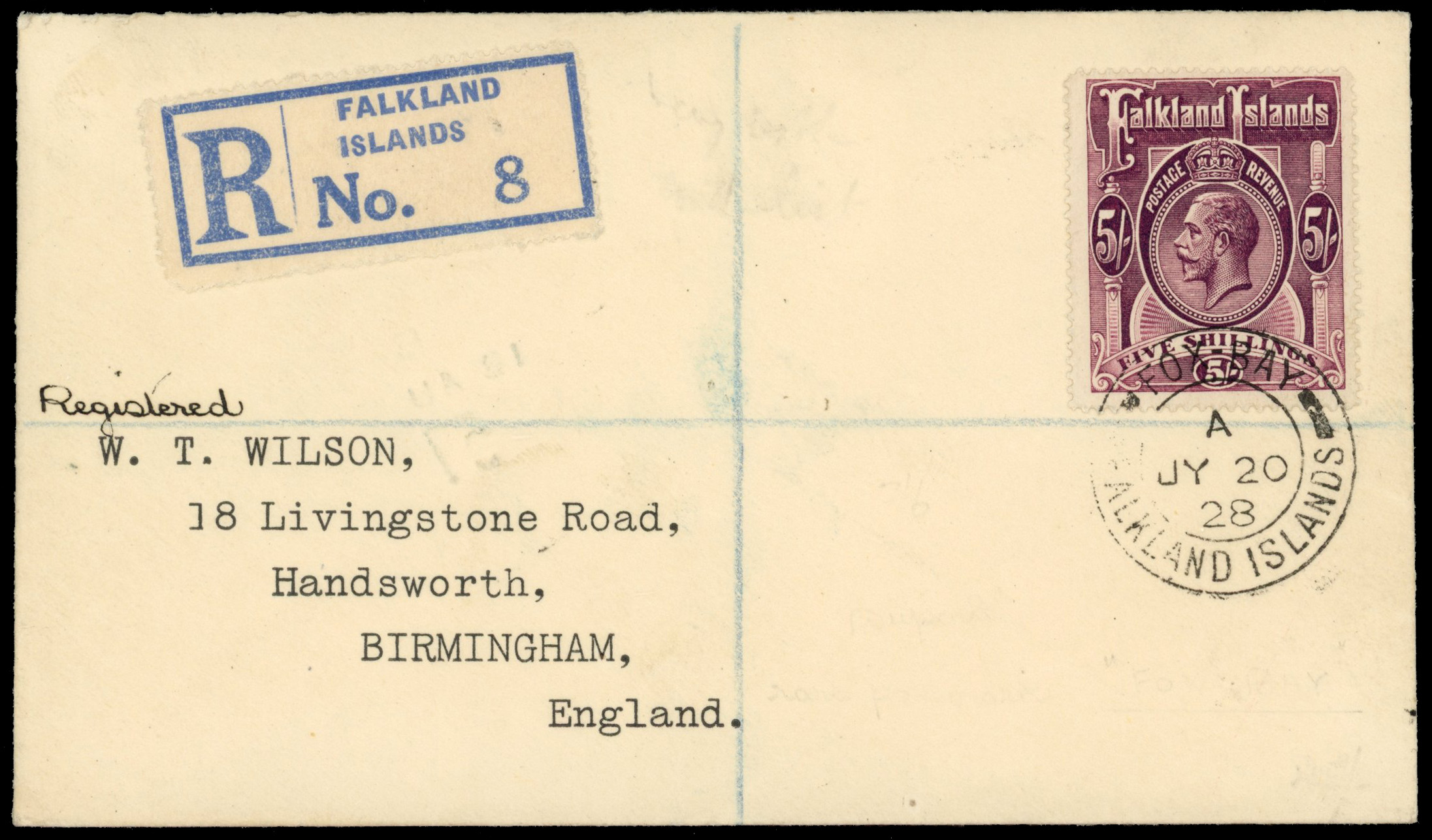 Falkland Islands SG 67b on 1928 Wilson cover
