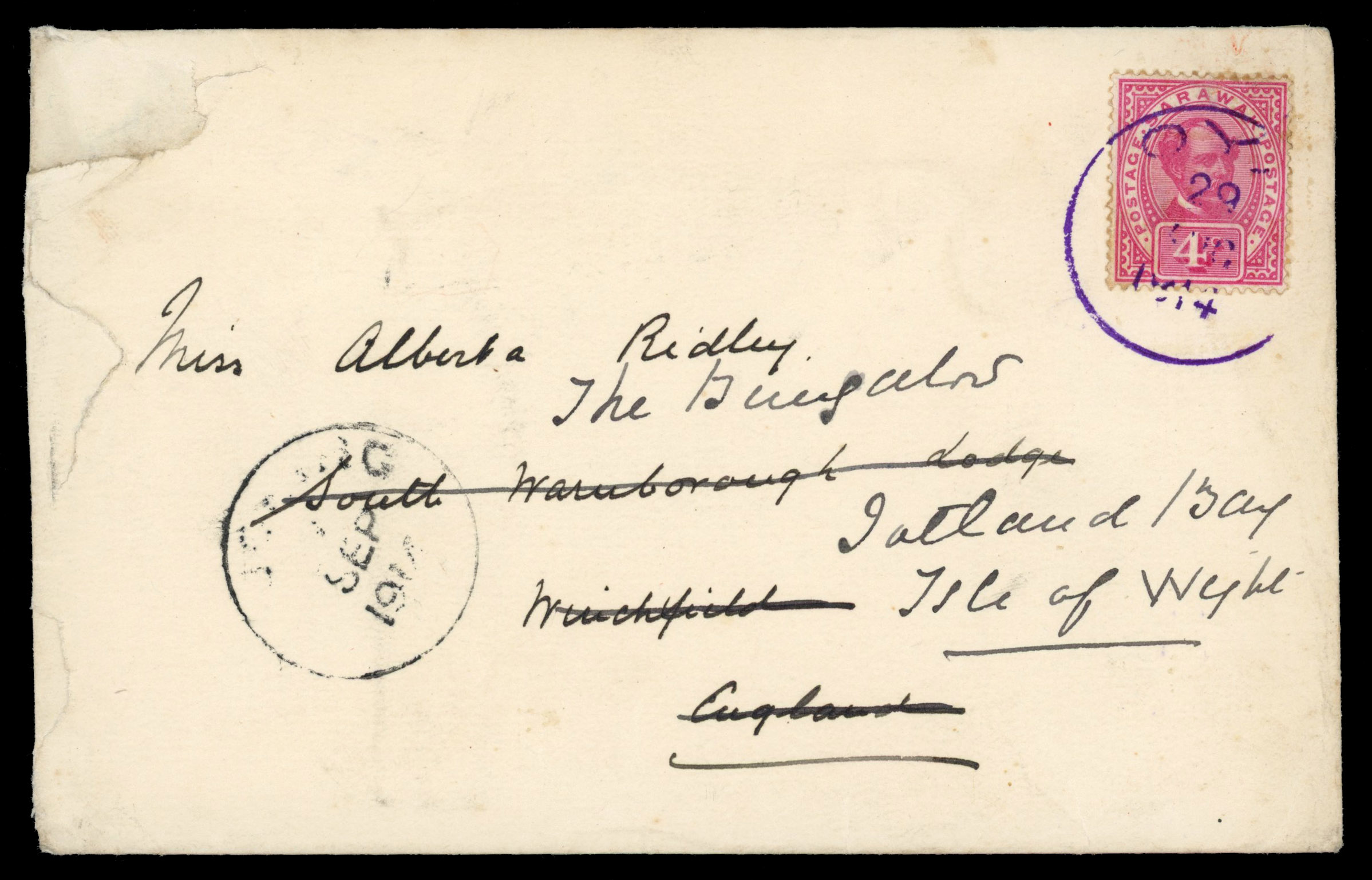 Sarawak 1914 cover to Winchfield, England re-directed to the Isle of Wight bearing 4c tied ‘OYA/29/AUG/1914’ cds in violet