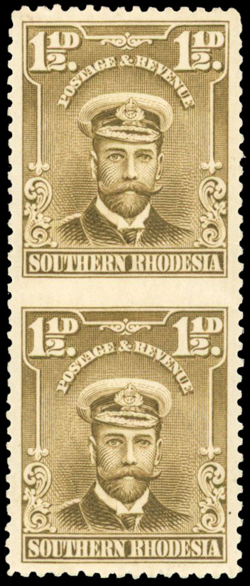 Southern Rhodesia 1924-29 1½d bistre-brown, vertical pair, error IMPERFORATE BETWEEN S.G. 3b