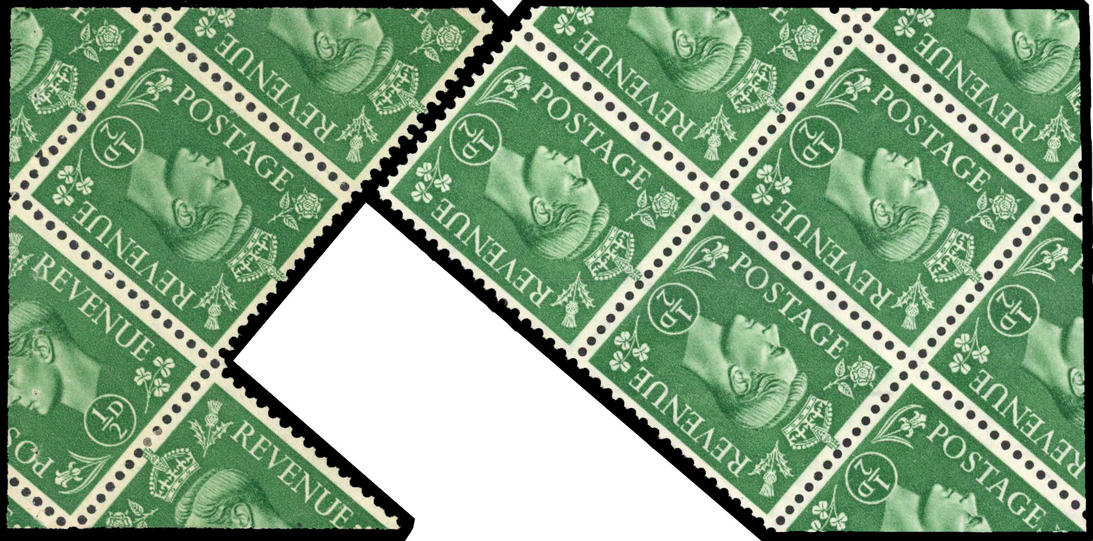 1941 ½d Pale Green (SG485a). Unused o.g. part mis-cut booklet pane with a partial tête-bêche pair