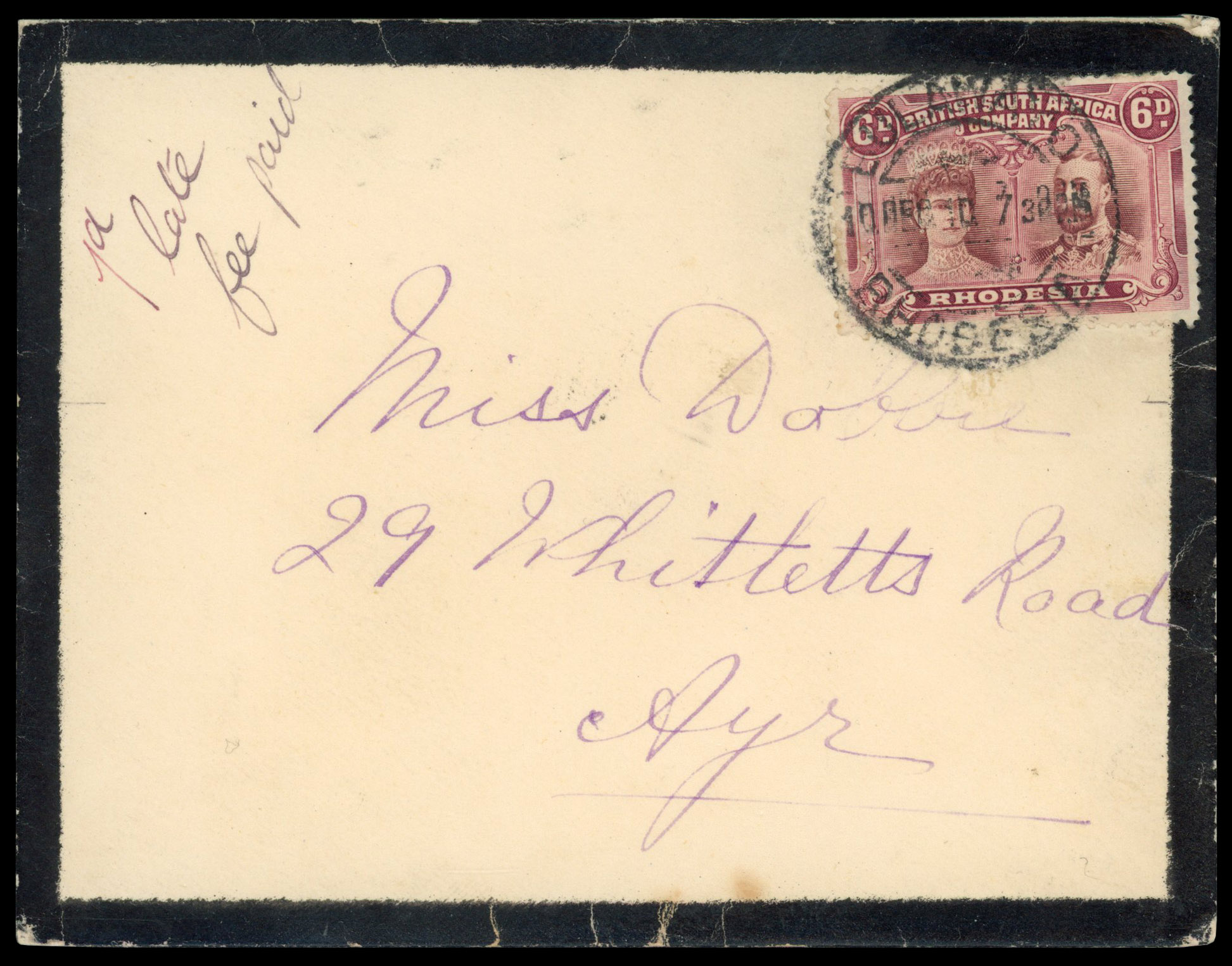 Rhodesia 1910 mourning cover from Bulawayo to Scotland