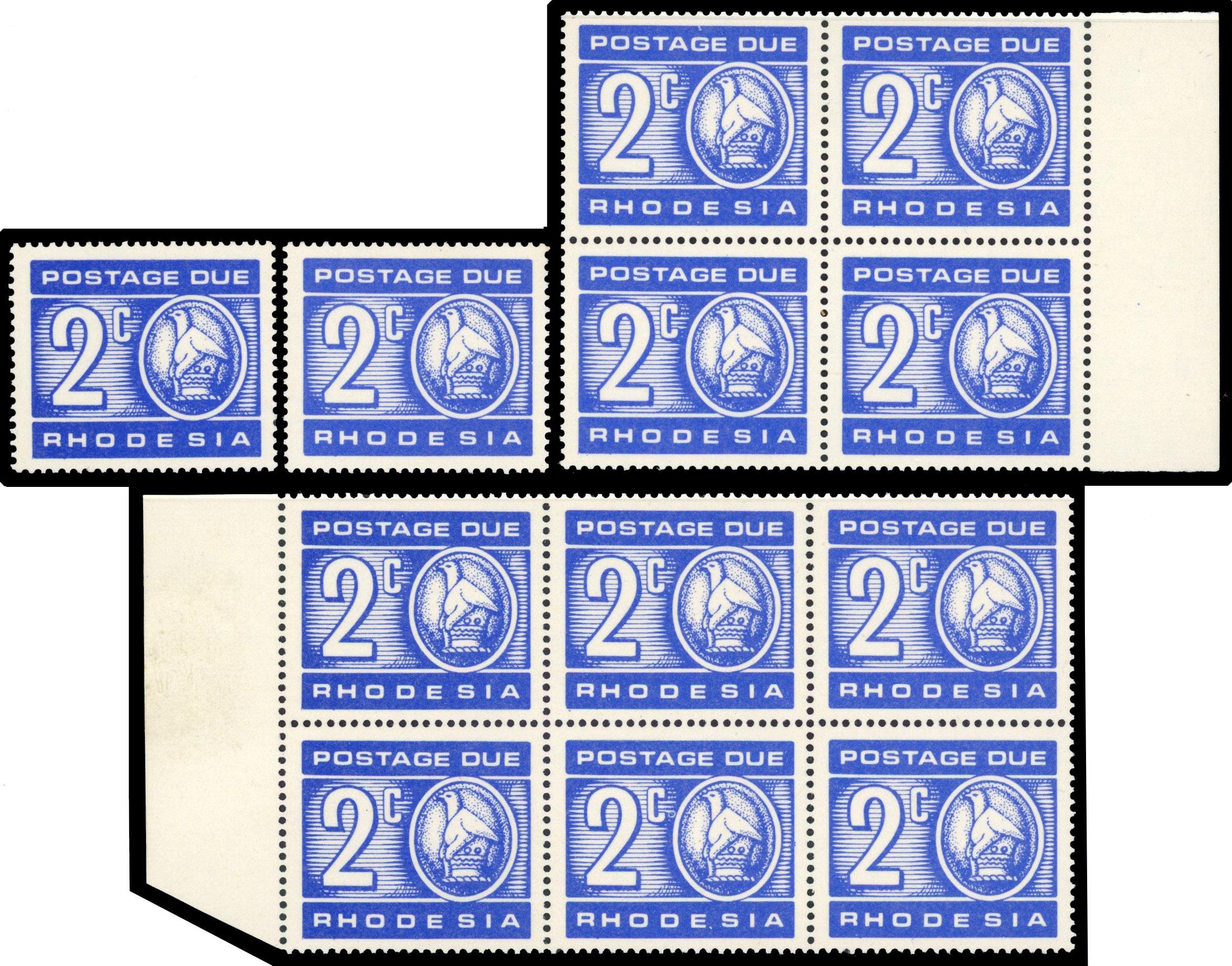 RHODESIA: 1970 2c ultramarine postage due block of 6, block of 4 and two singles all printed on the gummed side variety.
