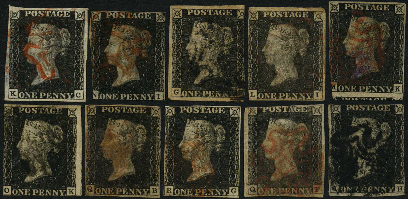 UNPLATED: 1840 1d black, ten used examples...
