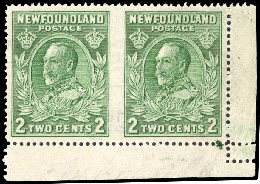 Newfoundland 1932-38 2c green, perf 14 (line), IMPERF BETWEEN pair S.G. 225cc cat £275