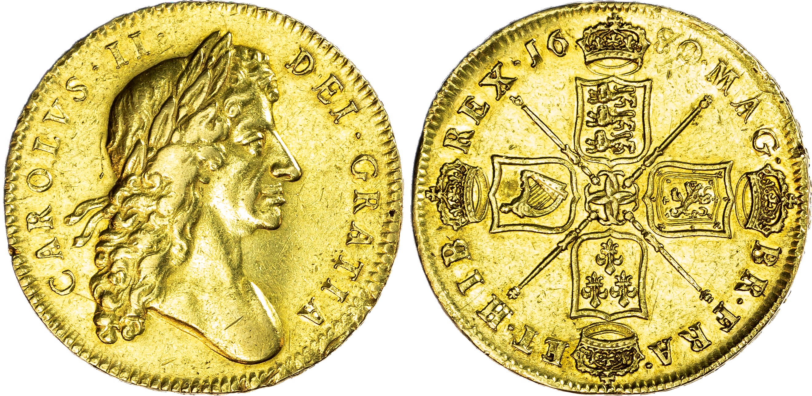 Charles II (1660-1685), Five-Guineas, 1680 struck over 79.