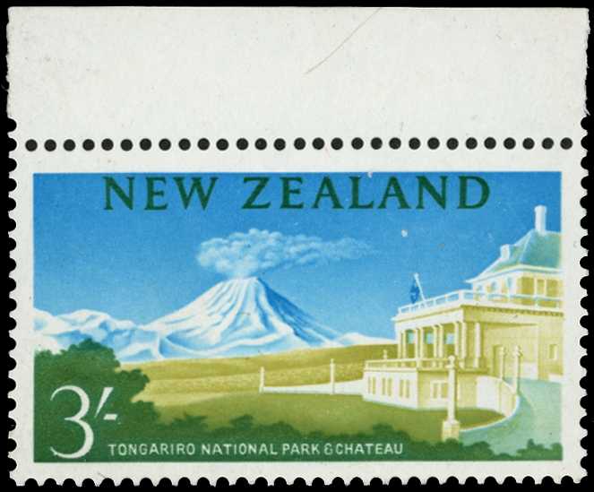 1960 3/- bistre, blue and green top marginal...