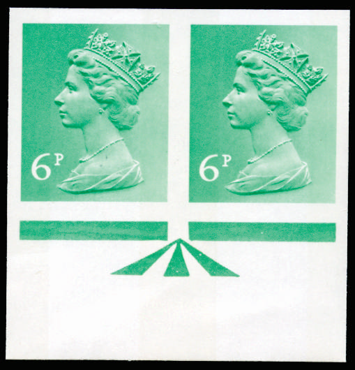 GB 1971 6p Light emerald (2 bands). Superb unmounted o.g bottom marginal horizontal pair of imperforate… SGX870var