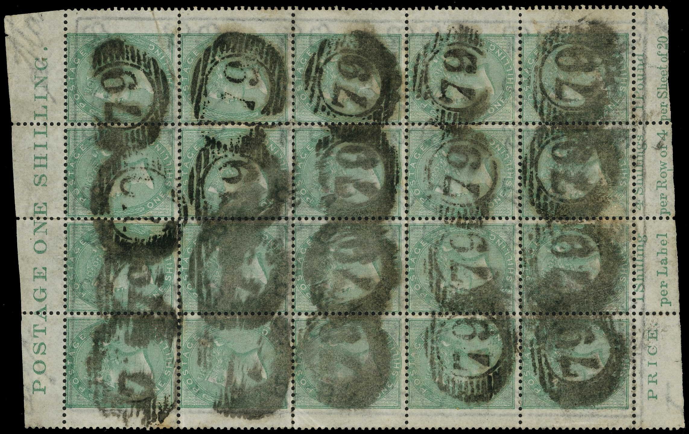 1856 1s Pale green. Fine used complete pane of twenty with sheet margin and inscription at top and bottom. Some minor fa…