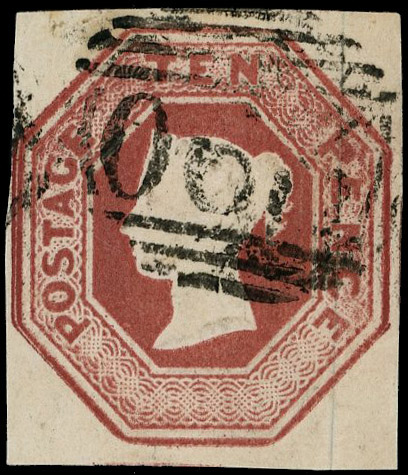 1848 10d Brown. Fine used close to large four margin example with variety ‘One silk thread’, cancelled by a Falmouth ‘29…