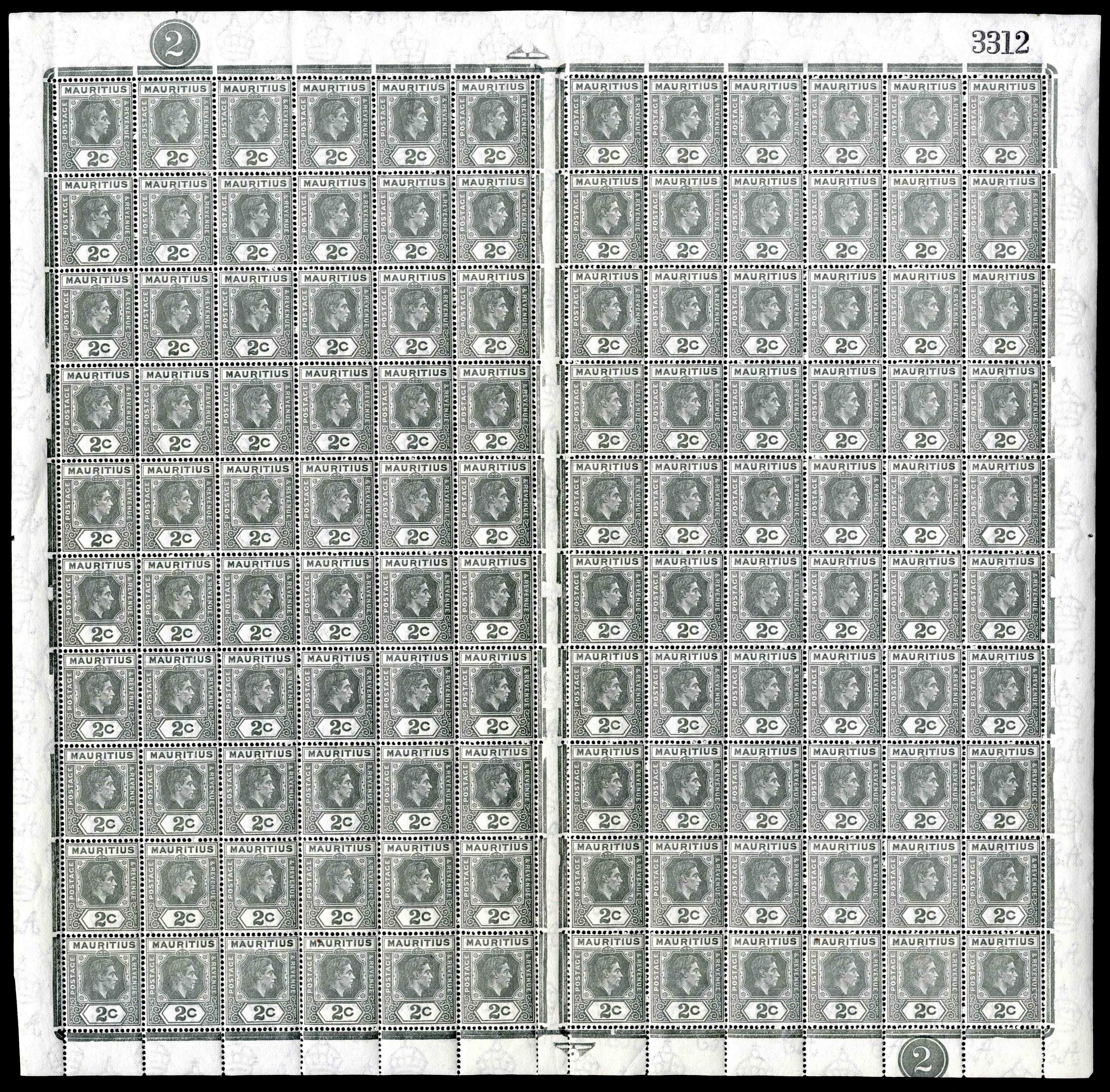 Mauritius SG 252b, ba 1942 2c perf 15 x 14 sheet mint