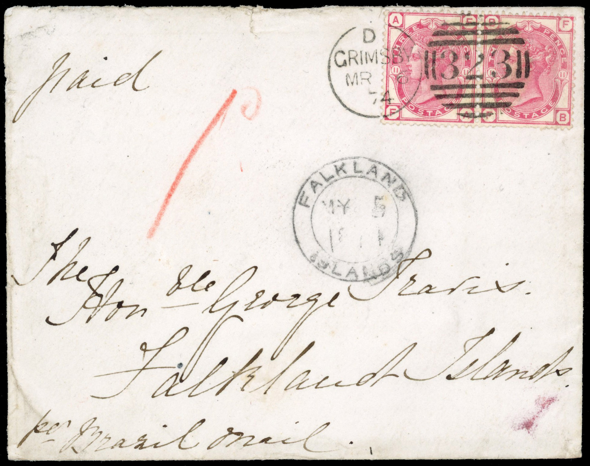 GB 1874 6d rate incoming cover to Falkland Islands.