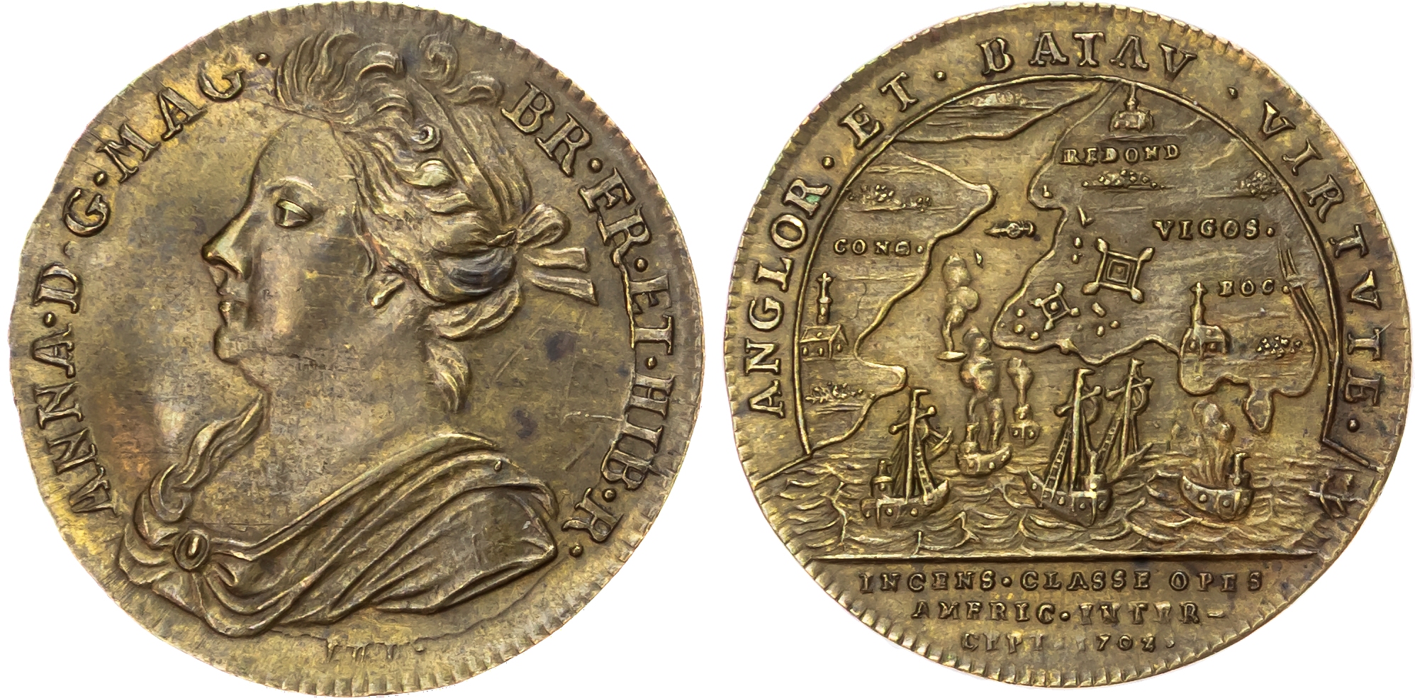 Expedition to Vigo Bay 1702, Brass medalet 1702 by Laufer of Nuremburg. 