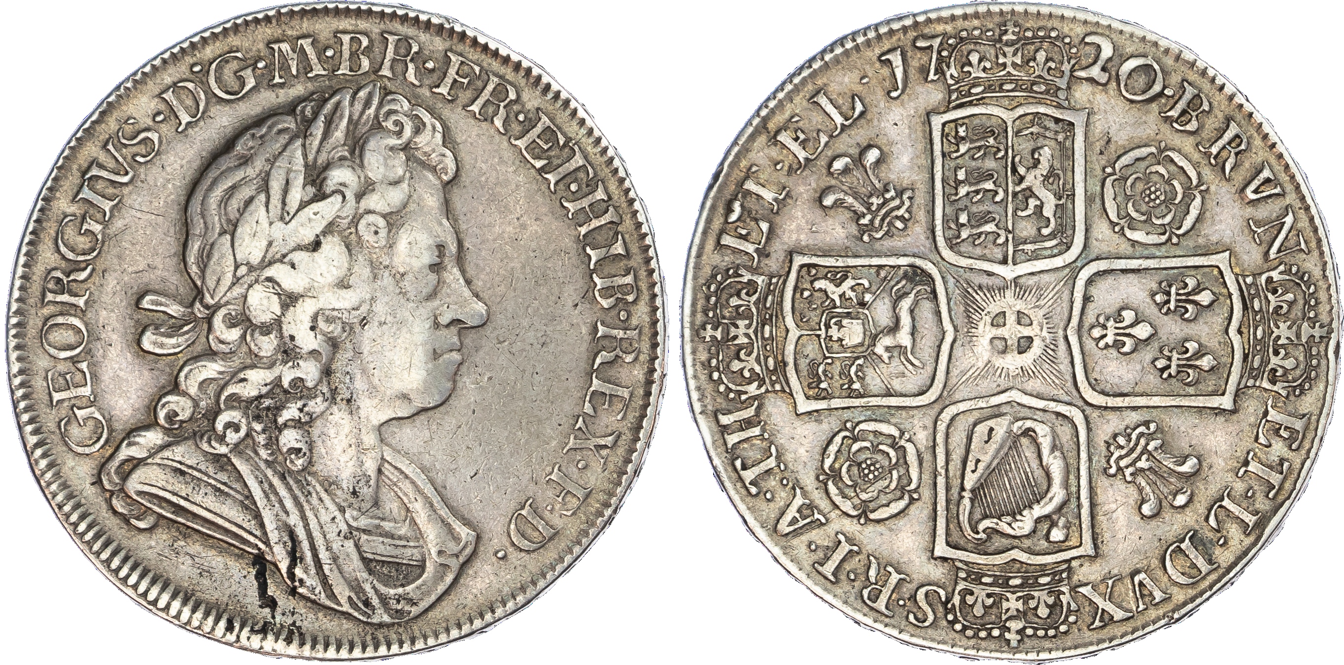 George I (1714‑27), Crown, 1720/18. Laureate and draped bust right.