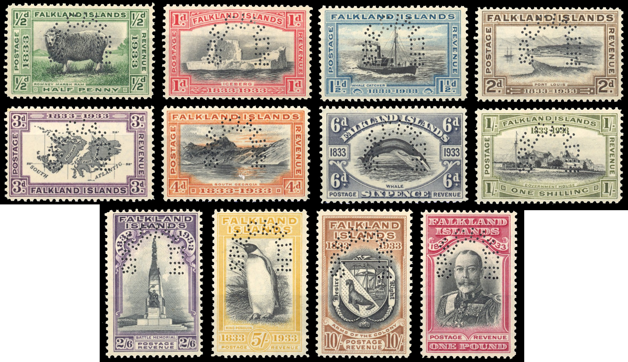 Falkland Islands SG 127s-138s 1933 Centenary set Specimens