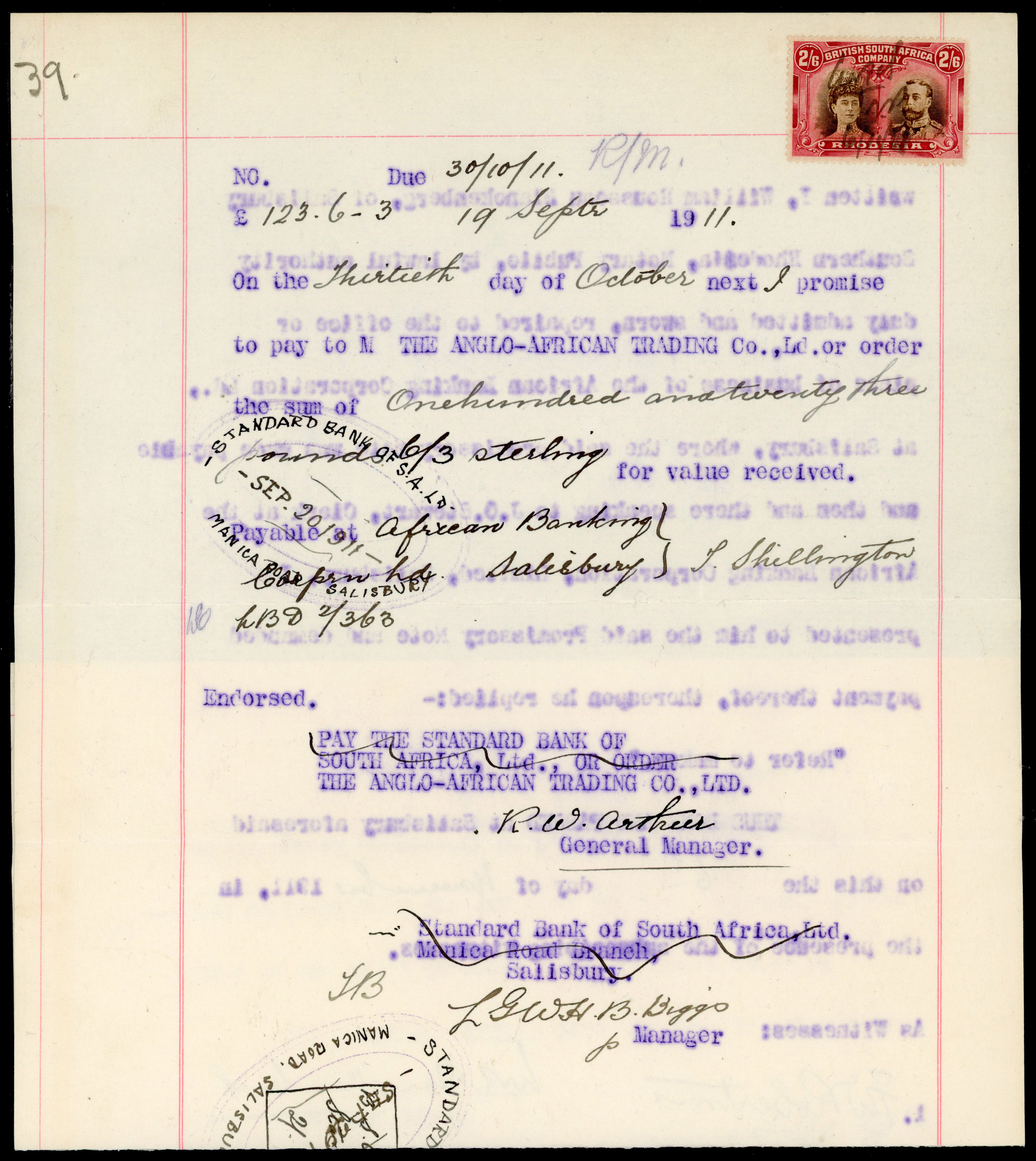 Rhodesia 1911 fiscal document with 2s6d