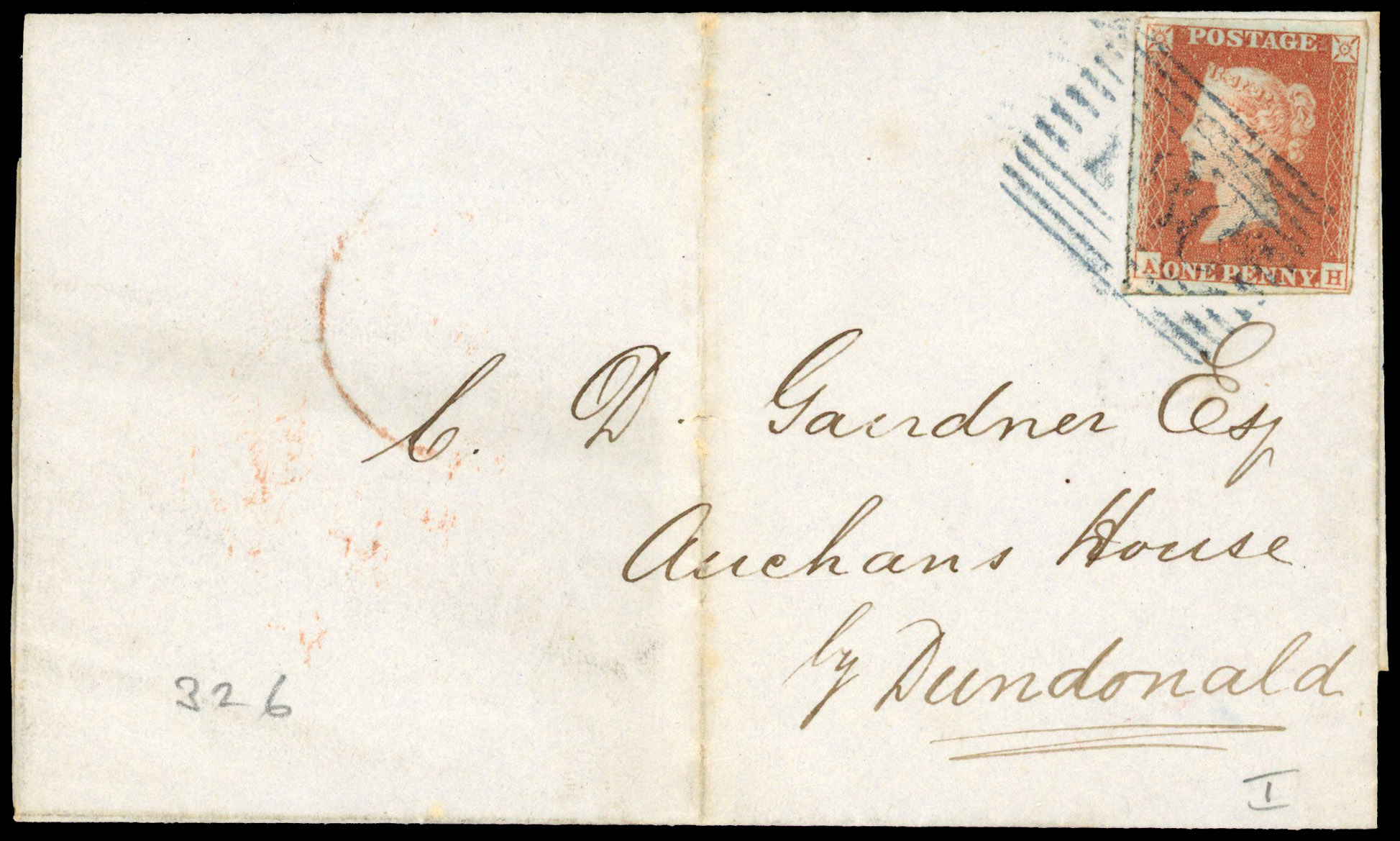 Great Britain 1d red-brown on cover cancelled by blue numeral postmark
