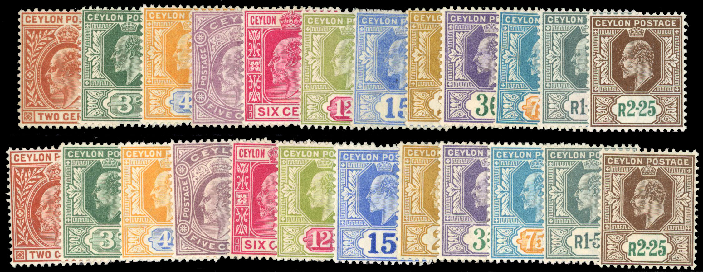 CEYLON 1903-05 2c to 2r25, 1904-05 2c to 2r25 and 1912-25 1c to 10r with shades, mint
