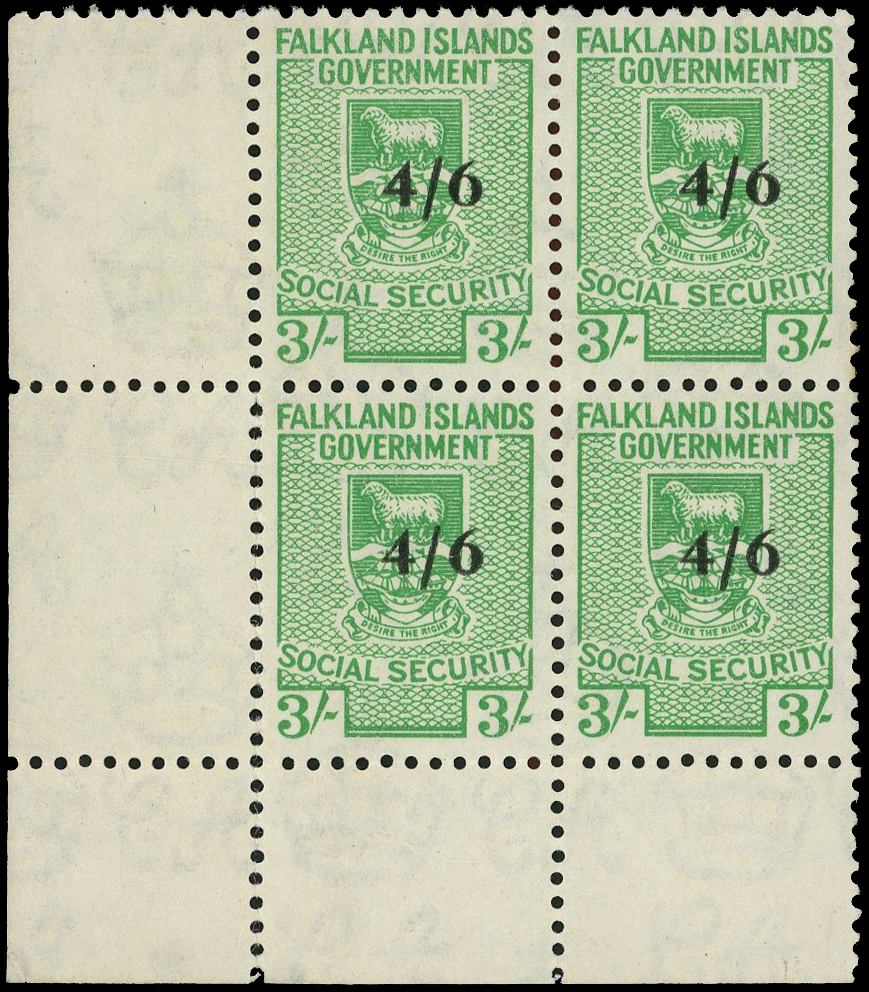 Falkland Islands Social Security 4s6d on 3s green, B4 UM mint