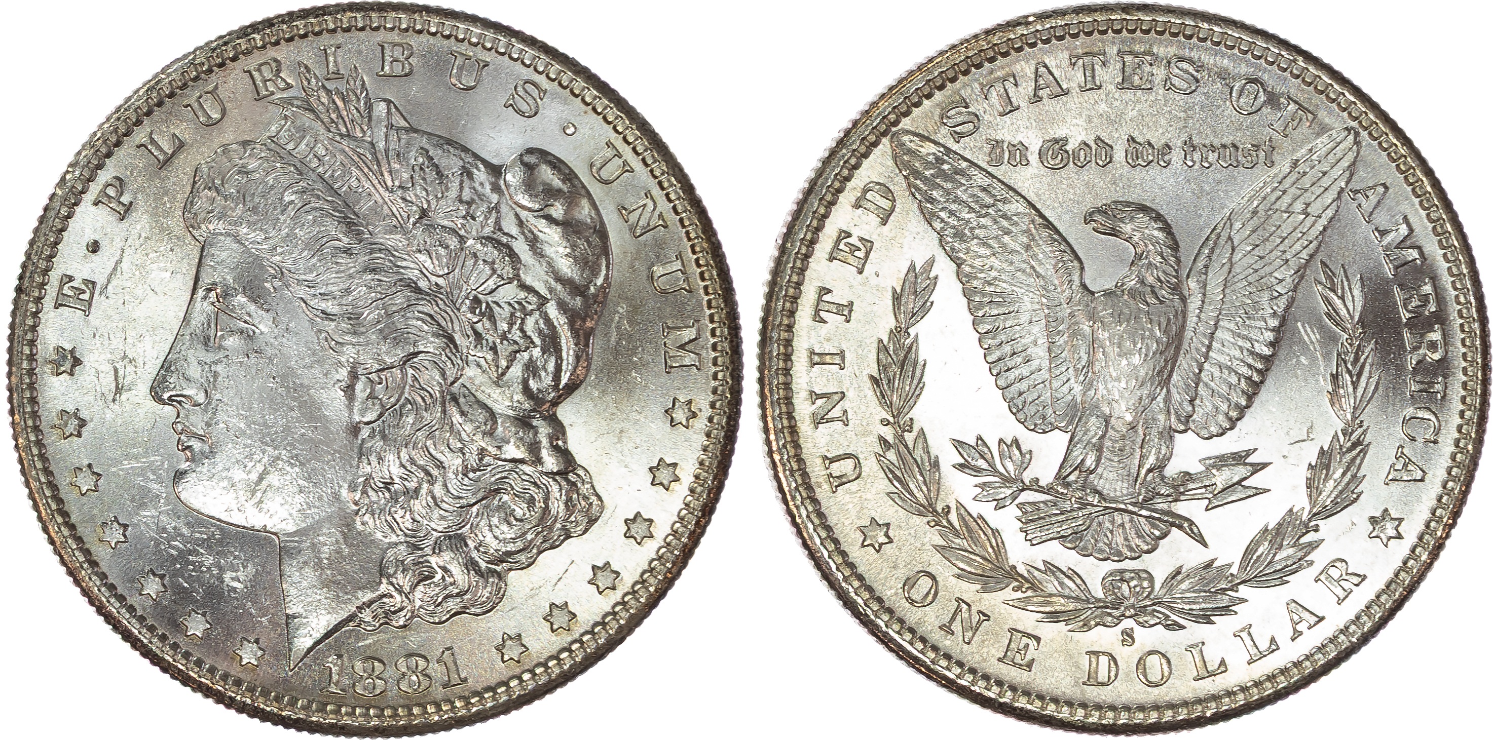 USA , silver Morgan Dollar, 1881, San Francisco, 26.70g (KM 110). Uncirculated, prooflike, cartwheel lustre.…