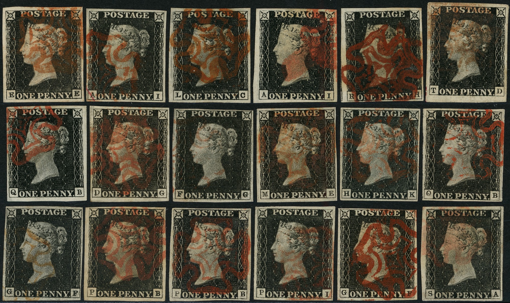 1840 1d black unplated range of...