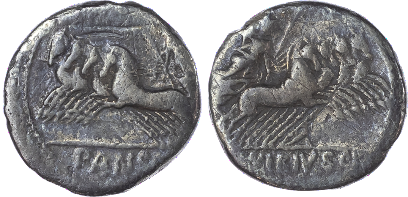 C. Vibius C. f. Pansa (90 BC) AR Denarius, Rome, 3.16g. Minerva, holding spear and trophy, driving quadriga right, PANSA in