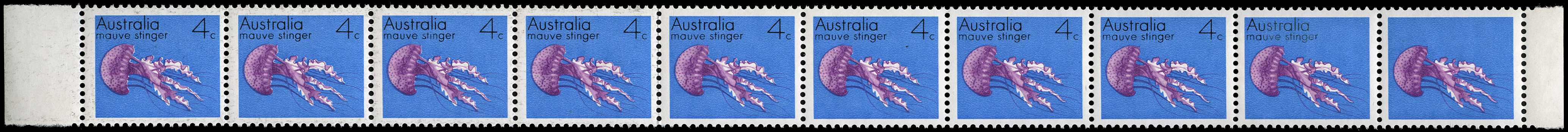 1973-75 4ct Mauve Stinger horizontal strip of...