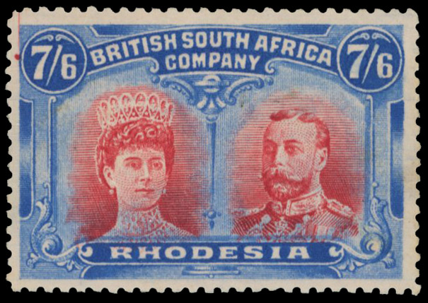 7s6d carmine and bright blue SG 162, position 13 printer's mark mint