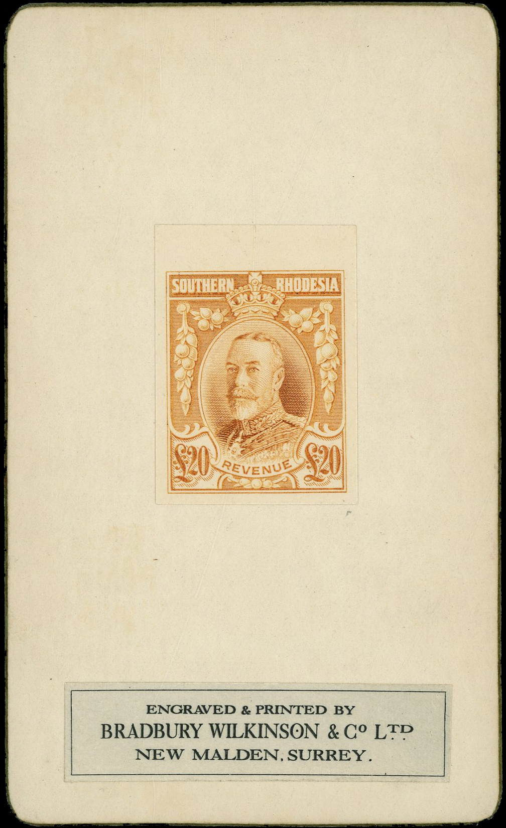 Southern Rhodesia Revenue 1930 £20 yellow and brown, imperforate colour trial