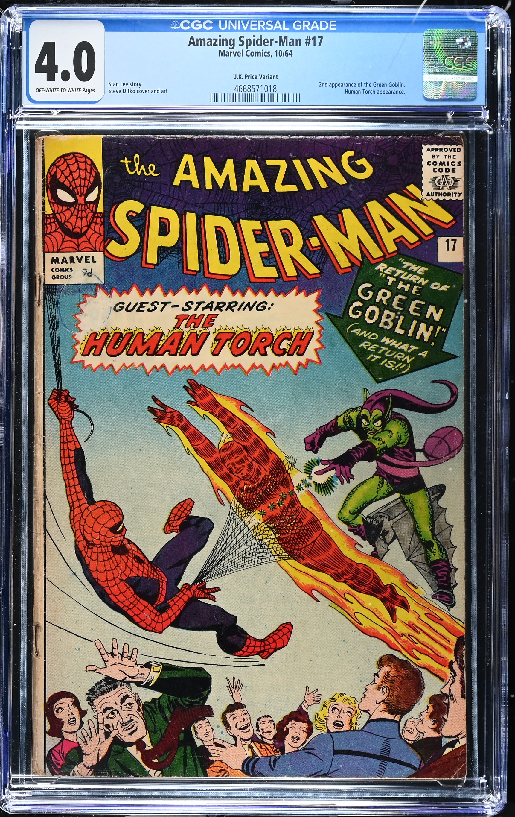 Amazing Spider-Man #17 CGC 4.0 2nd Appearance of Green Goblin Uk Edition (Marvel Comics, 1964) Off White to White Pages.