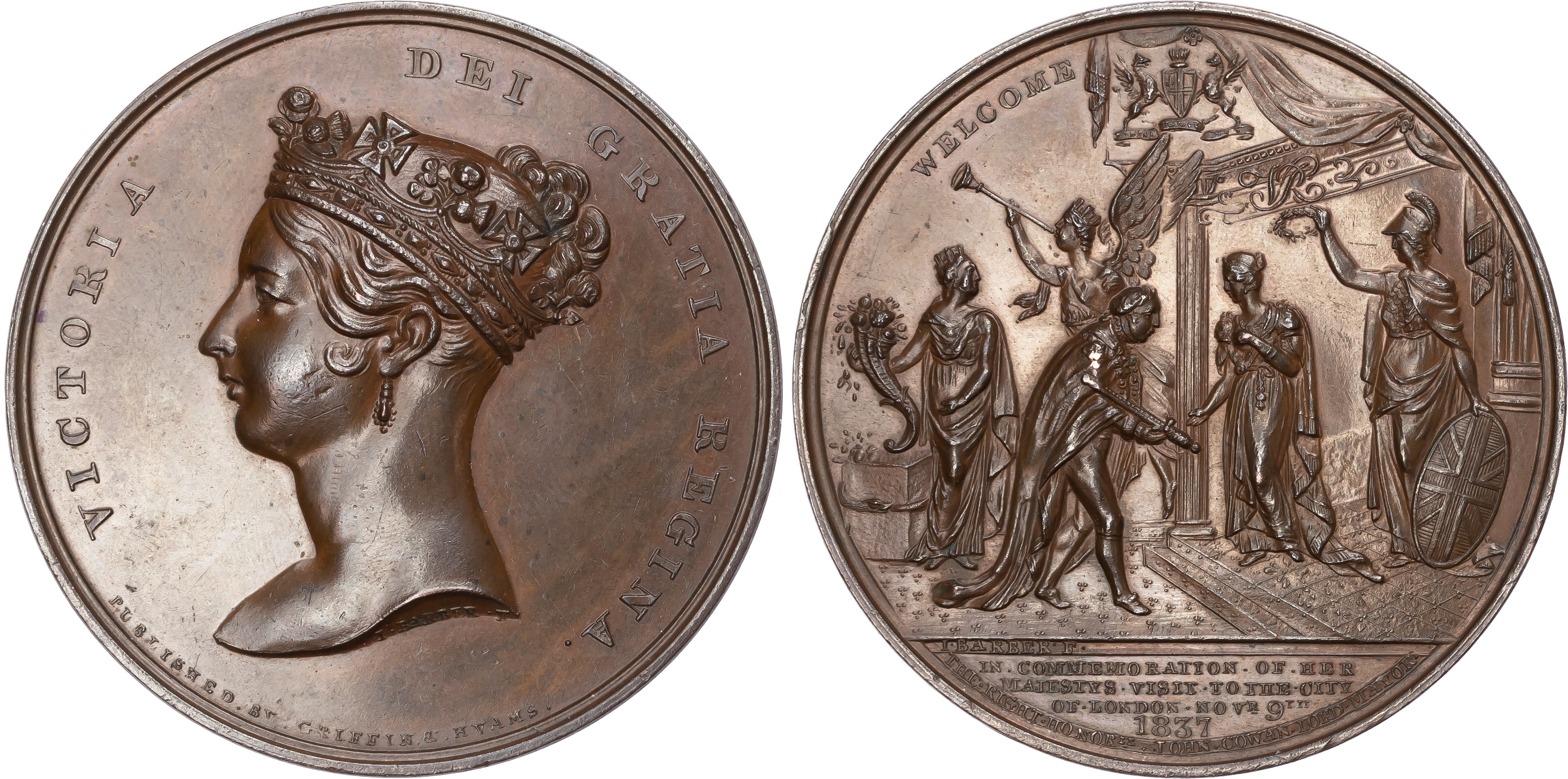 Victoria (1837-1901), Visit to the City of London, 1837, Copper Medal (61mm/110gm) by J Barber.