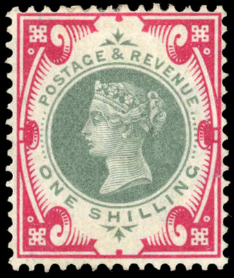 1887-92 ‘Jubilee’ 1s green and carmine, variety ‘WATERMARK INVERTED’, large part og