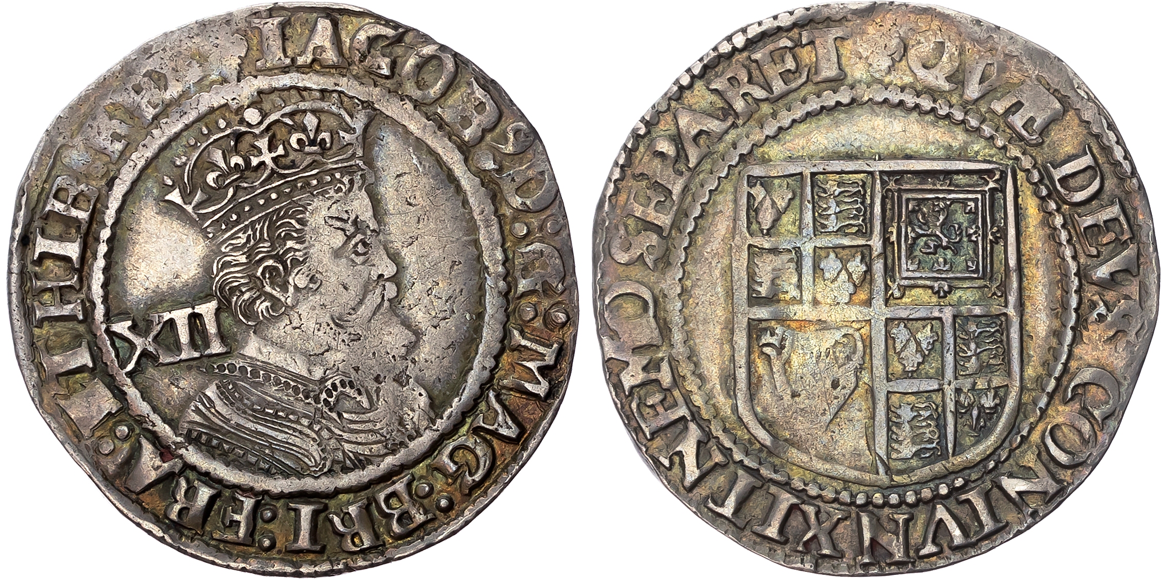 James I (1603-1625), AR shilling, Third issue, mm : Lis -1623-25. His sixth crowned bust right, rev. Royal arms in squar…
