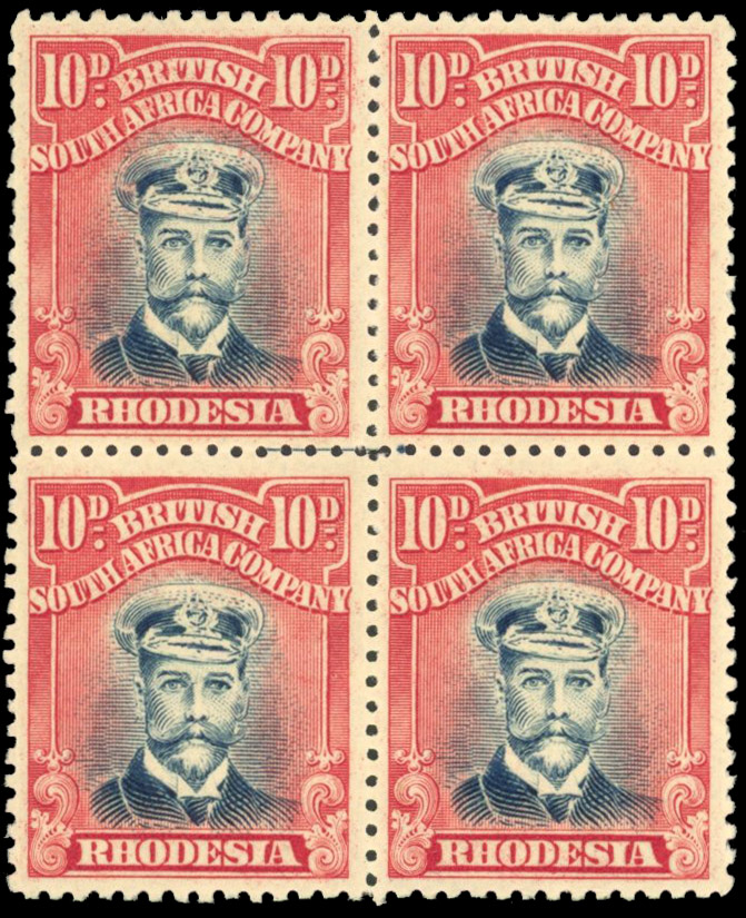Rhodesia 10d SG 269 block with printer's mark mint